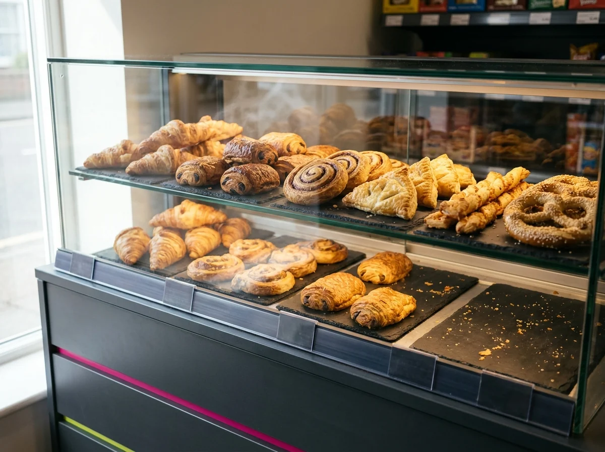 Vitrină caldă cu croissante, spirale, plăcinte și covrigi