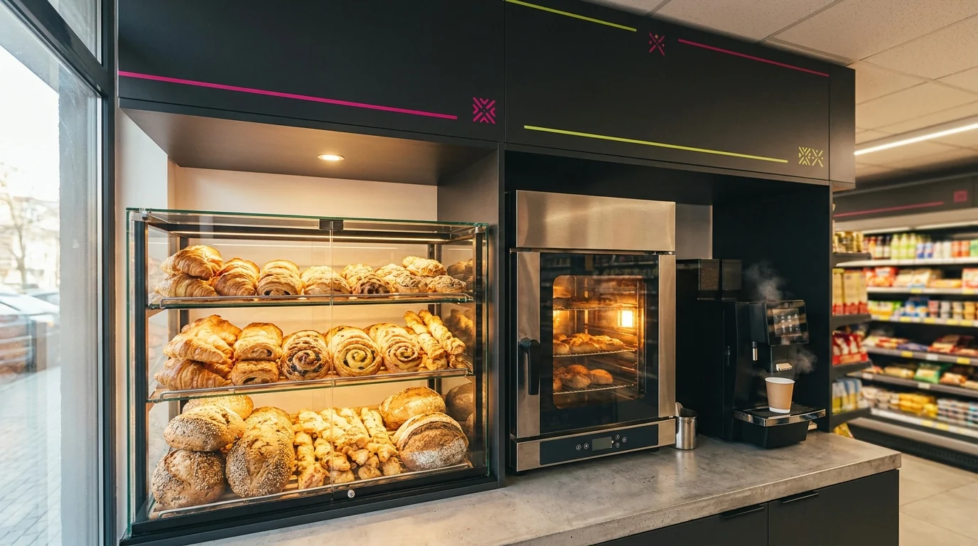 Food corner veryeats într-un magazin de proximitate — vitrină caldă, cuptor și espressor