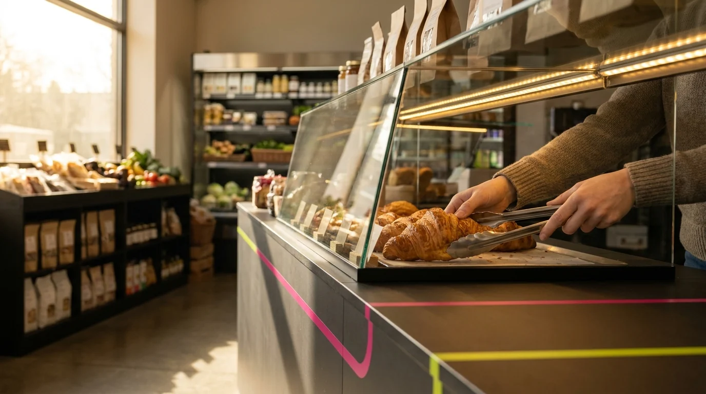 Client servindu-se cu un croissant cald din vitrina cornerului